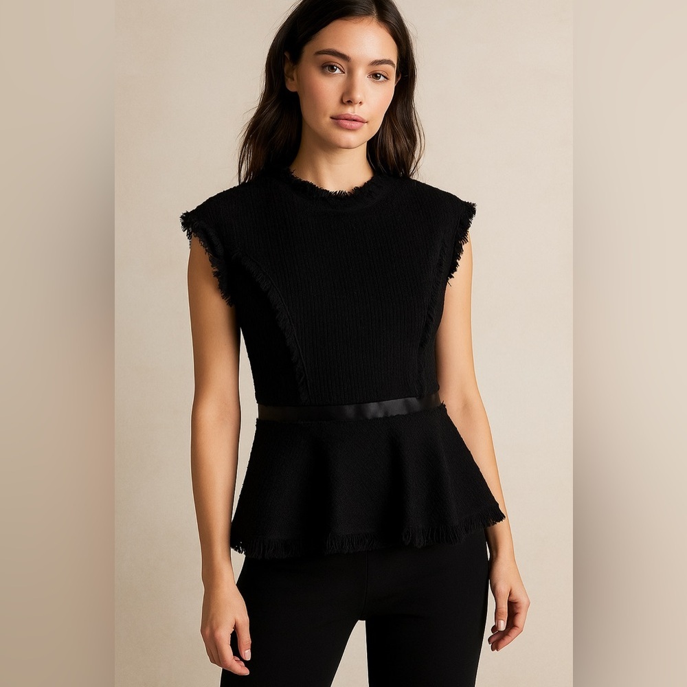 Rebecca Taylor Peplum Blouse Tweed Lambs Leather Black Fitted Cotton Siz…​